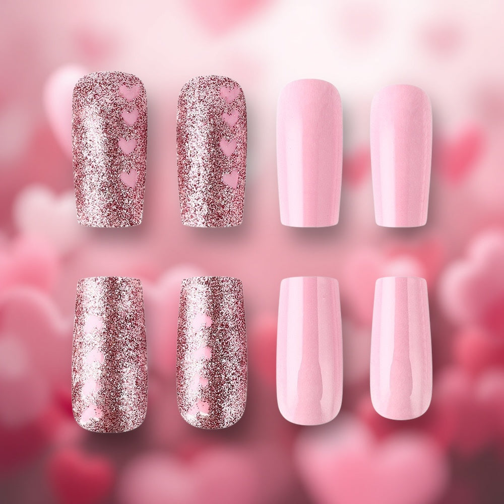 2025 Valentine’s LOVE Pink and Glitter Glue-On Fake Nail Set ($100 for 5 Sets)