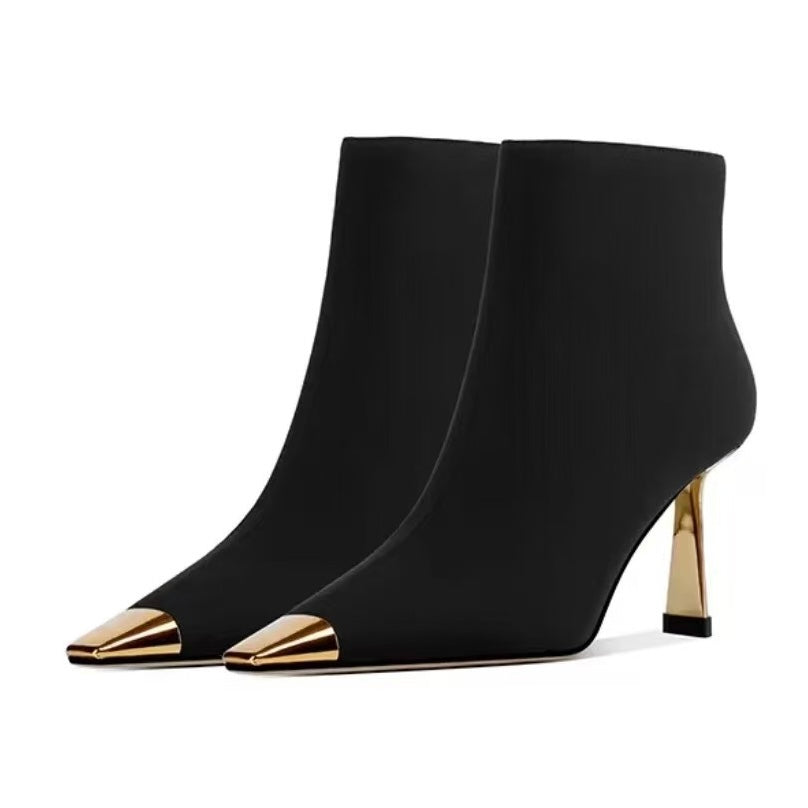 2024 AW High Heel Metal Square Toe Highly Stretchy Ankle Boots