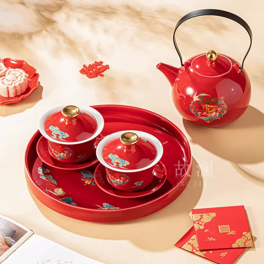 Hand Painted 8-Piece Teapot and Cups Gift Set for Chinese Wedding Tea Ceremony