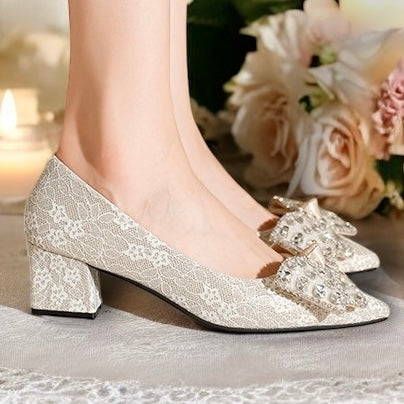 2025SS Metallic Brocade Pointed Toe Block Heels (5 cm) with Gems Decorative Bow in Black and Cream