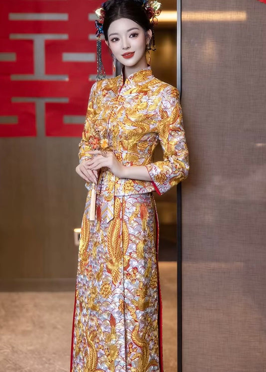 BRIDAL DRESS ｜ Deluxe Wedding Dress with Handcrafted Rhinestone Embroideries in Gold and Sliver Phoenixes, Lucky Motifs Around; 3XL Plus Size