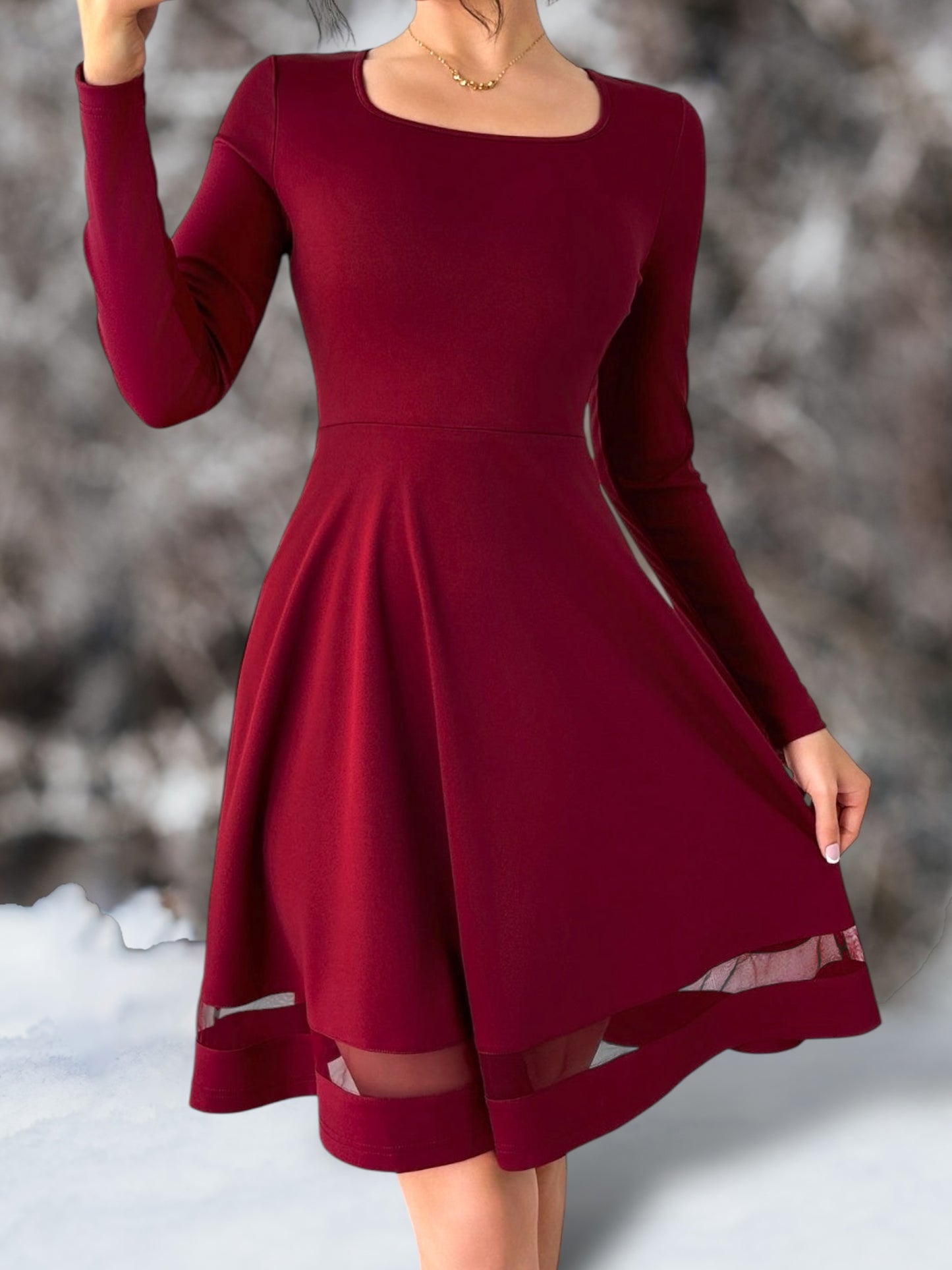 Square Neck Long Sleeve Mini Dress in Burgundy / Black