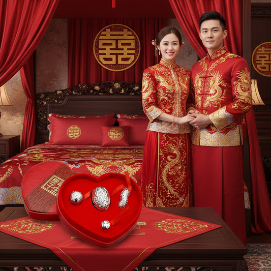 Pure 999 Silver Bridal Room Decoration with Heart Shaped Gift Box; 999純銀婚房裝飾品，附心型禮盒；紅棗花生蓮子龍眼共88克重 red dates peanuts lotus seeds longan 88g