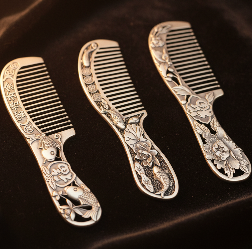 Handmade Long Handle Silver Combs 999 Pure Silver Authentic Yunnan Snowflake; With Certificate; Free Engraving of Name