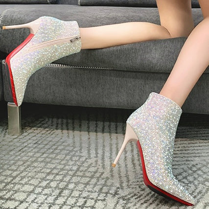 2024 AW Sparkling Fabric Pointed Toe Medium High Heel Boots (8cm) with Lining in 2 Colours