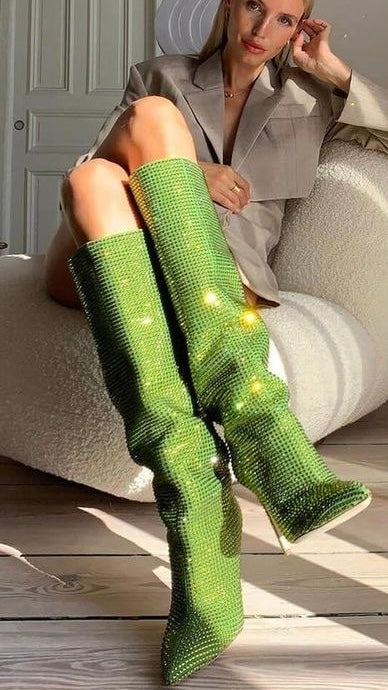 2025SS Starry Rhinestone Pointed Heel Knee Length Long Boots in 9 Trendy Colours (Customization)