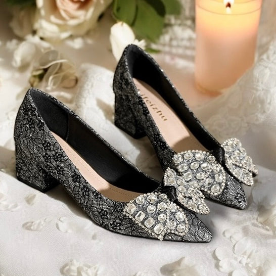 2025SS Metallic Brocade Pointed Toe Block Heels (5 cm) with Gems Decorative Bow in Black and Cream