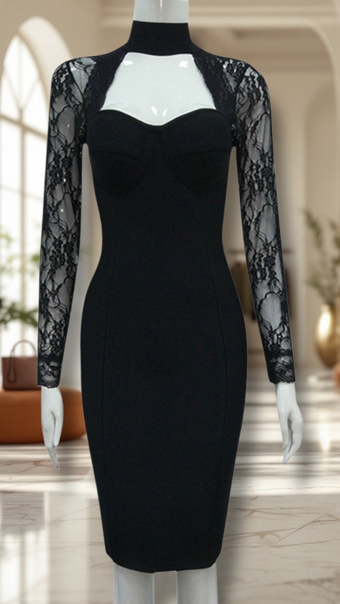 Temperament Lace Long Sleeve Halter Neckline Stretchy Bodycon Knee Length Dress in 3 Colours