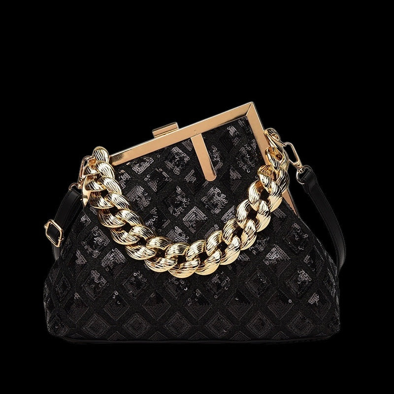 2025 Sequin Metallic Textured Metal Chain Convertible Shoulder Strap Handbag in 5 Trendy Colours