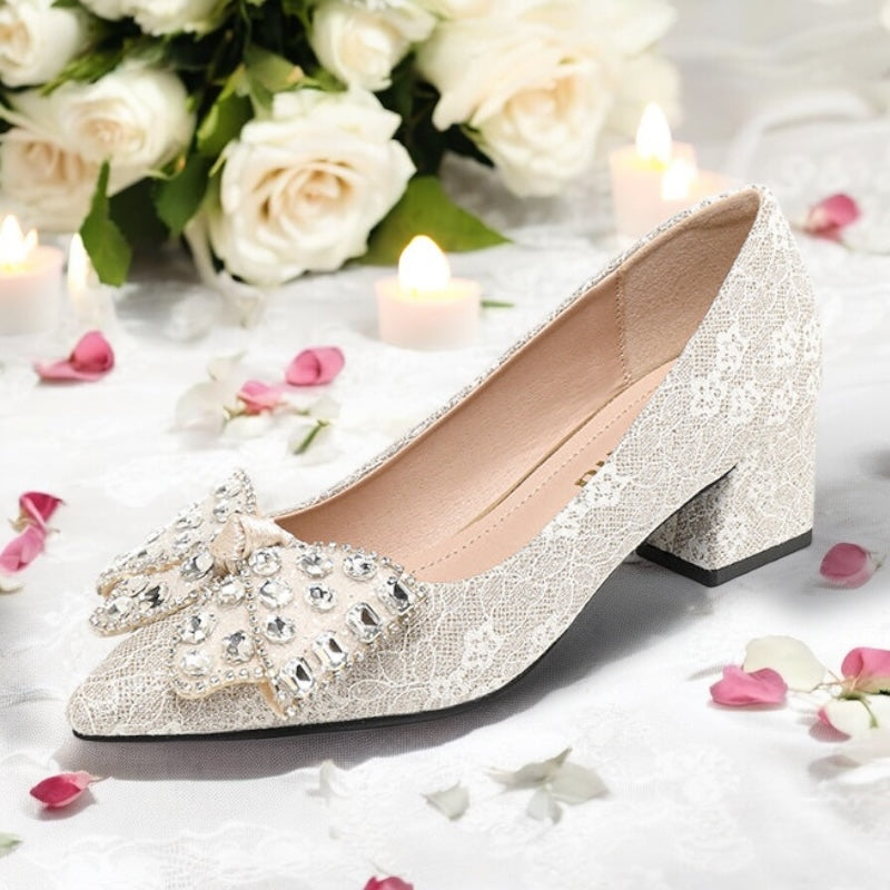 2025SS Metallic Brocade Pointed Toe Block Heels (5 cm) with Gems Decorative Bow in Black and Cream