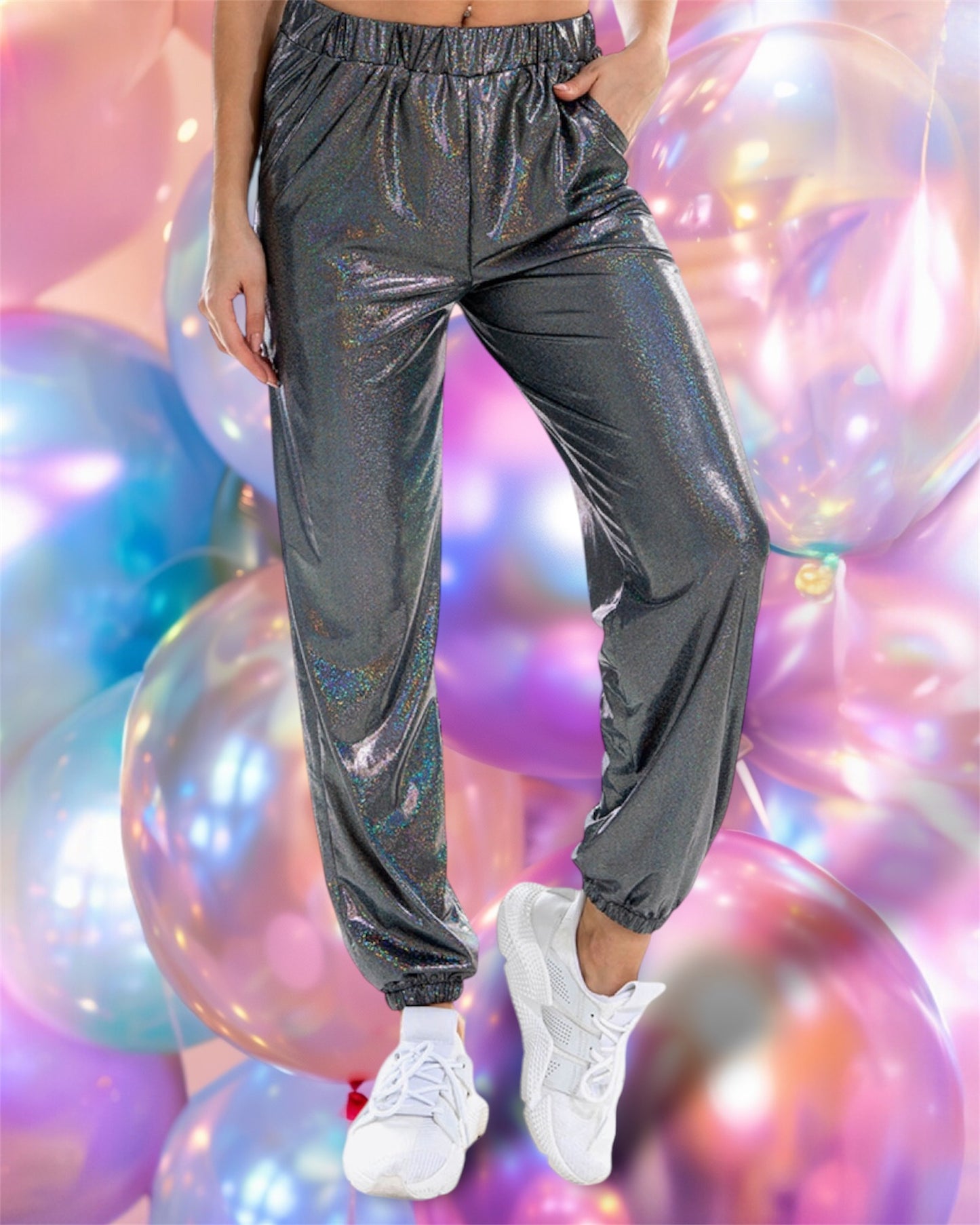 Glitter Elastic Waist Pants with Pockets in Dark Gray / Pink