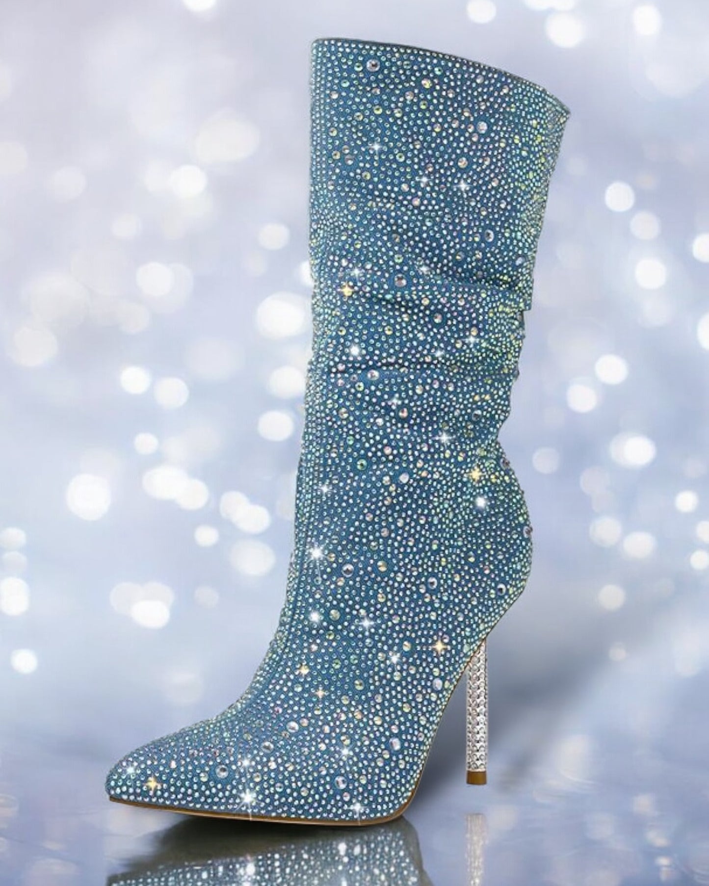 2024 AW Denim Pointed Toe Stiletto Women's Boots Rhinestone High Heels Boots