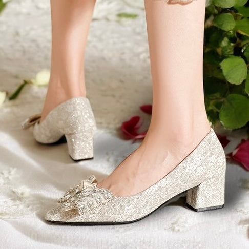 2025SS Metallic Brocade Pointed Toe Block Heels (5 cm) with Gems Decorative Bow in Black and Cream