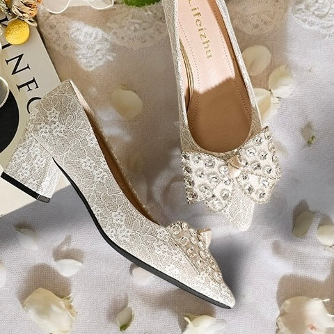 2025SS Metallic Brocade Pointed Toe Block Heels (5 cm) with Gems Decorative Bow in Black and Cream