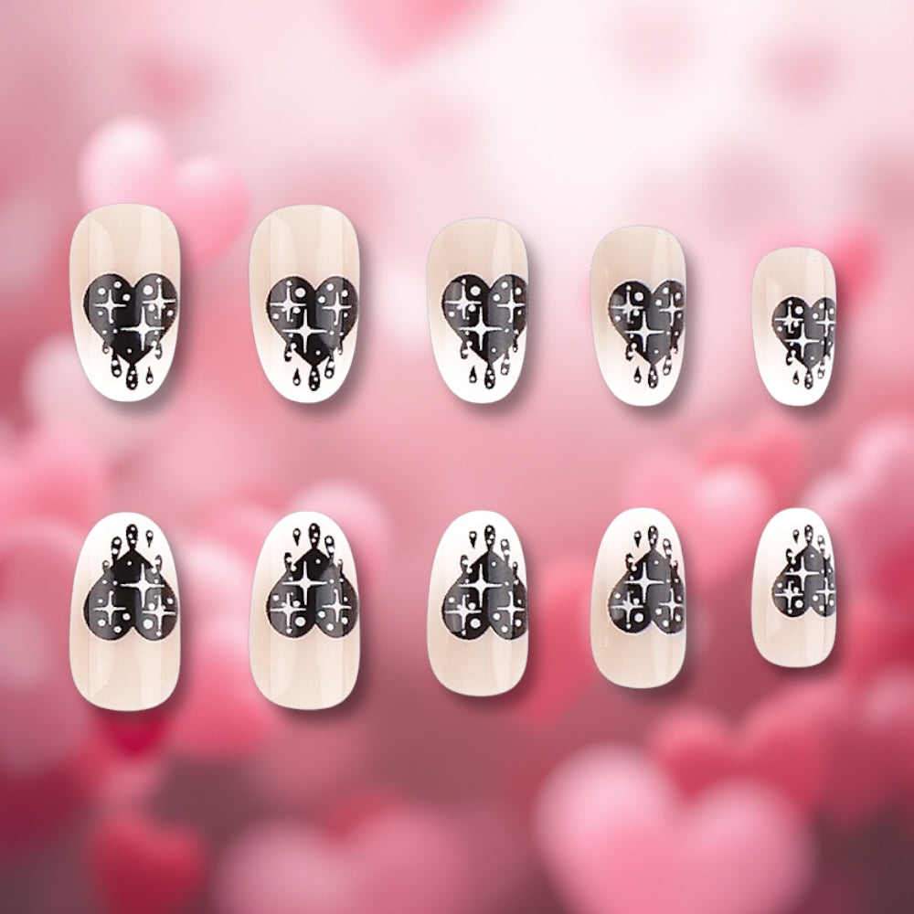 2025 Valentines Day Oval Black Sparkling Heart Motif 24 Reusable Glue-On Nail Set with Glue and Rubbed Strips