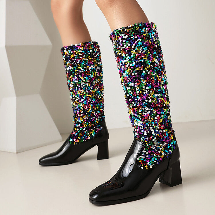 Plush Inner Lining Sequin Square Front Patent Leather Knee High Boots w/ 6 cm Heels (Customization)