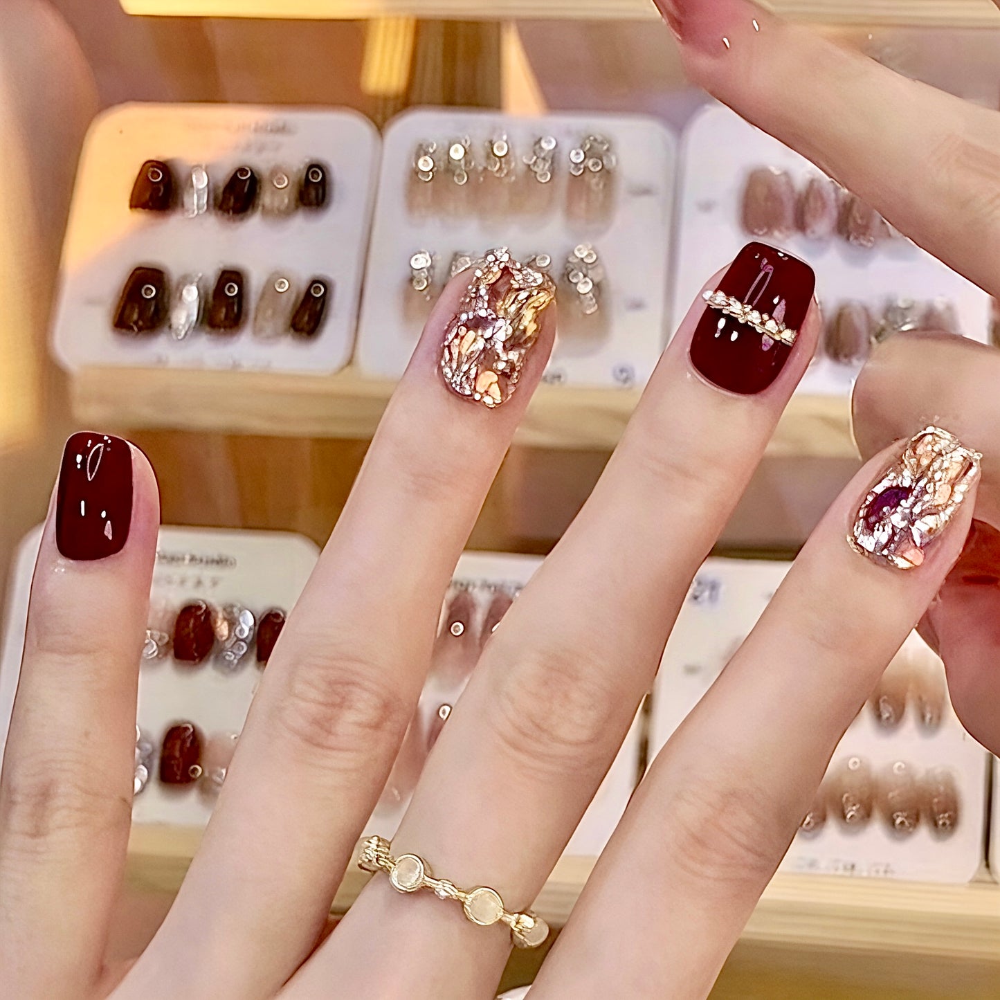 2025 Lunar New Year Burgundy and Glitter Gold and Pearl Glue-On Fake Nail Set ($100 for 5 Sets)