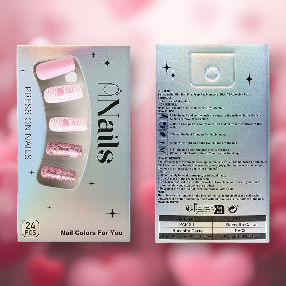 2025 Valentine’s LOVE Pink and Glitter Glue-On Fake Nail Set ($100 for 5 Sets)