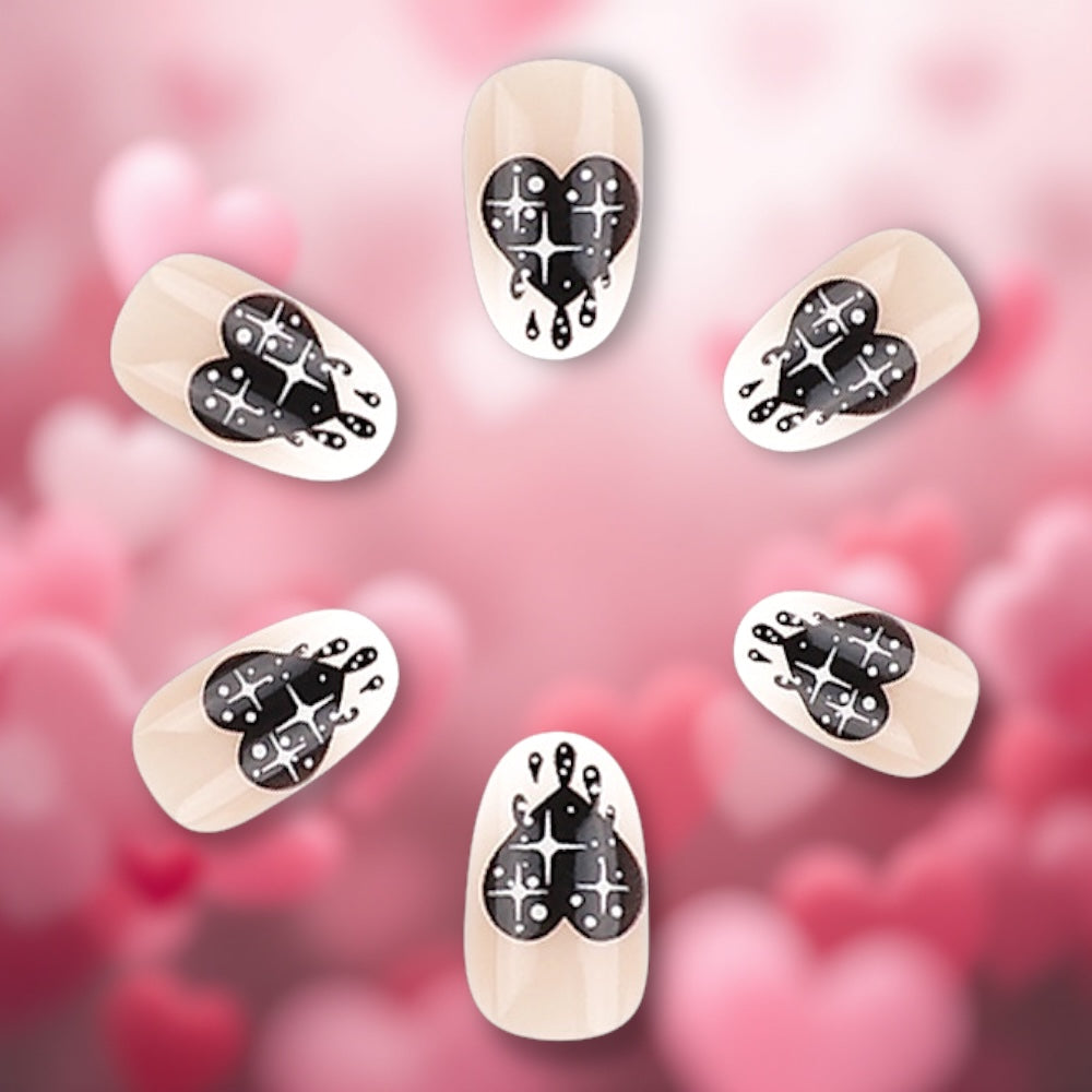 2025 Valentines Day Oval Black Sparkling Heart Motif 24 Reusable Glue-On Nail Set with Glue and Rubbed Strips