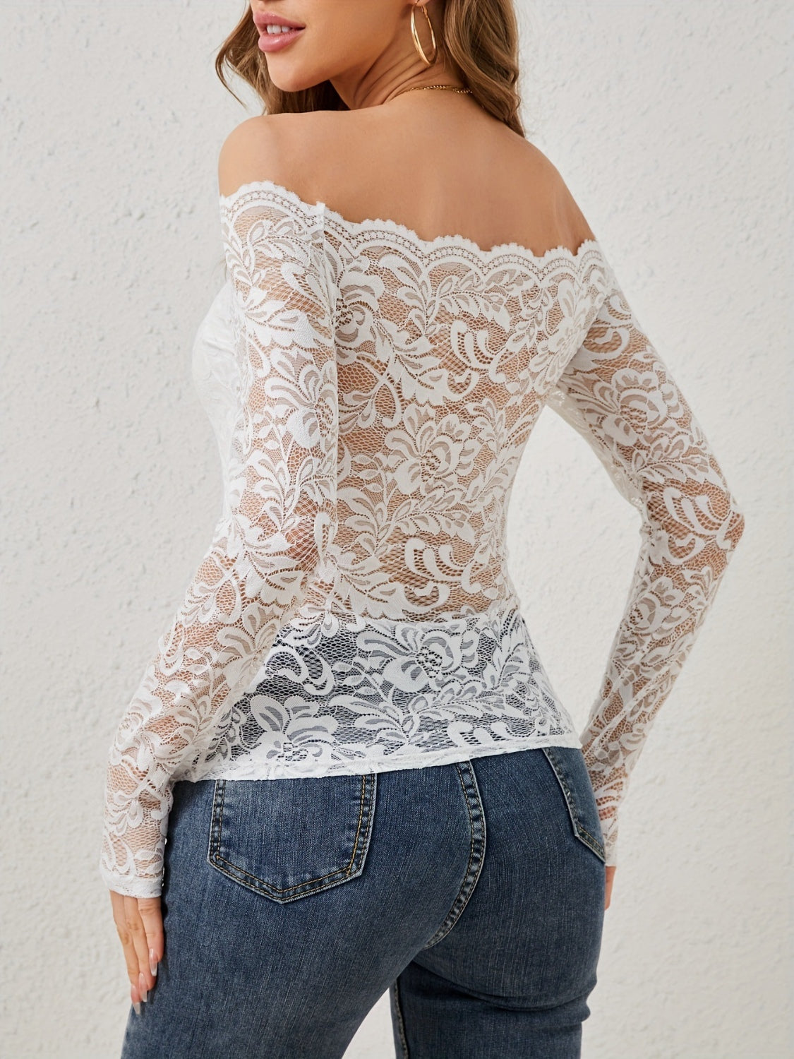 Off-Shoulder Long Sleeve Slim-Fit Lace Top in 3 Colours