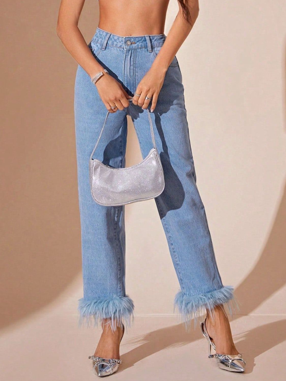 Plush Hem High Rise Straight Light Denim Jeans