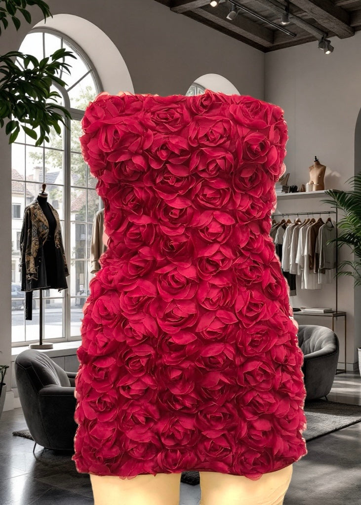 2025SS Elegant 3D Red Rose Petals Strapless Mini Dress