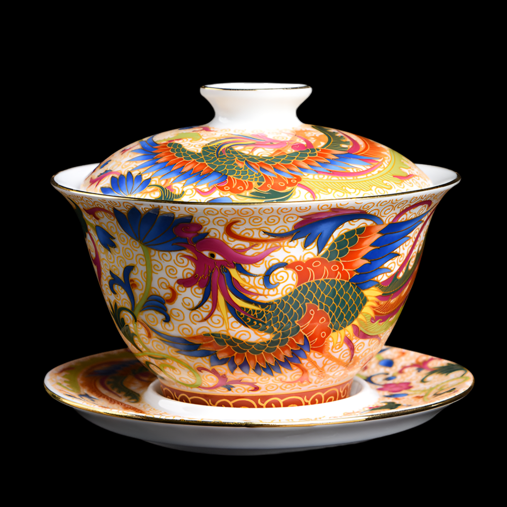 طقم كوب شاي مع غطاء وصحن من مينا بروسيلين؛ تنين / طائر الفينيق / وان هوا 