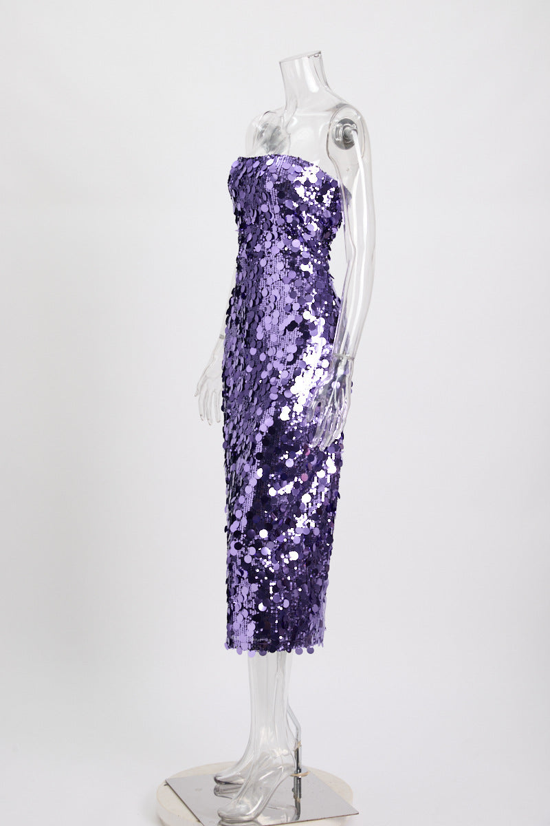 Robe fourreau mi-longue bustier à sequins en violet/noir