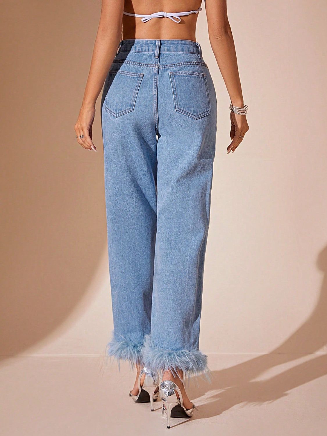 Plush Hem High Rise Straight Light Denim Jeans