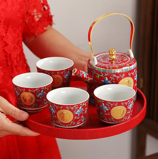 WEDDING GIFT| DOUBLE HAPPINESS Gold Embossed Enamel Teapot , 4 Matching Tea Cups, and Round Tray Set in Gift Box