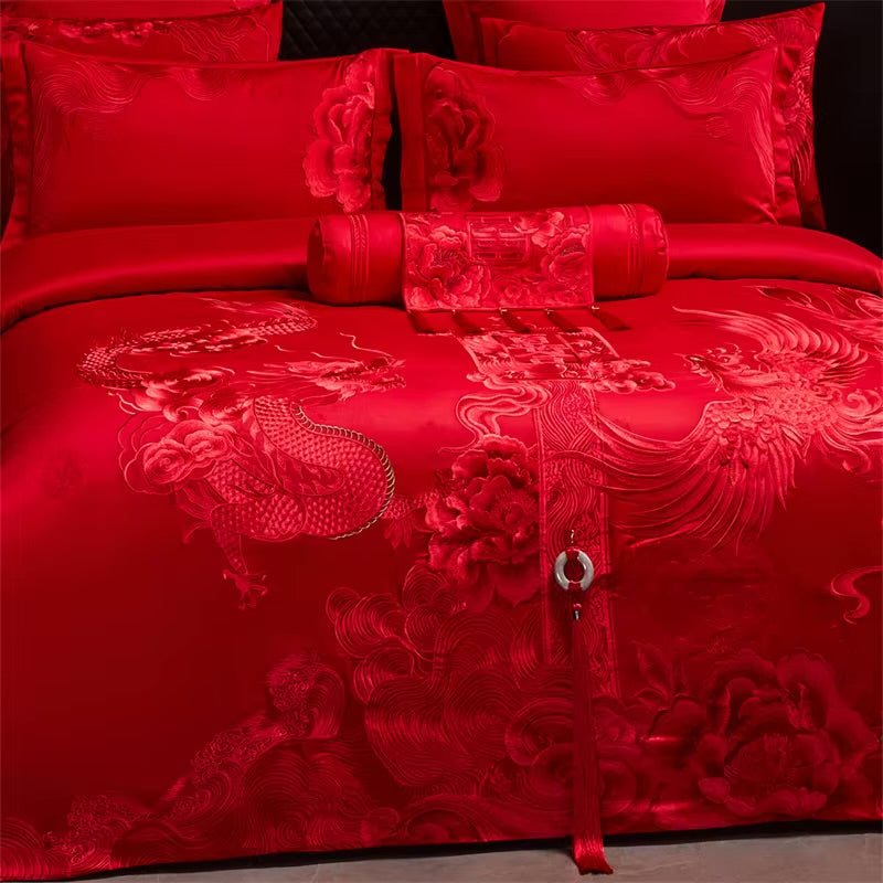 600 خيط قطن مصري؛ طقم مفروشات زفاف صيني مطرز باللون الأحمر الأحادي بتصميم زهور التنين والعنقاء؛ 100% قطن، غطاء لحاف، ملاءة سرير، أغطية وسائد؛ أطقم من 4/6/9 قطع 