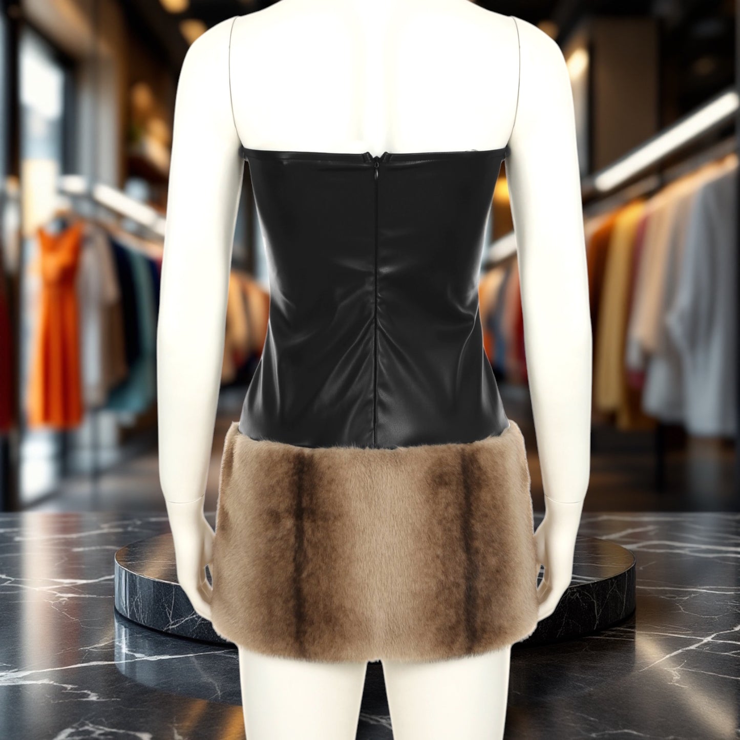 Strapless Stitching Faux Leather Mini Dress with Thermal Fur Bottom