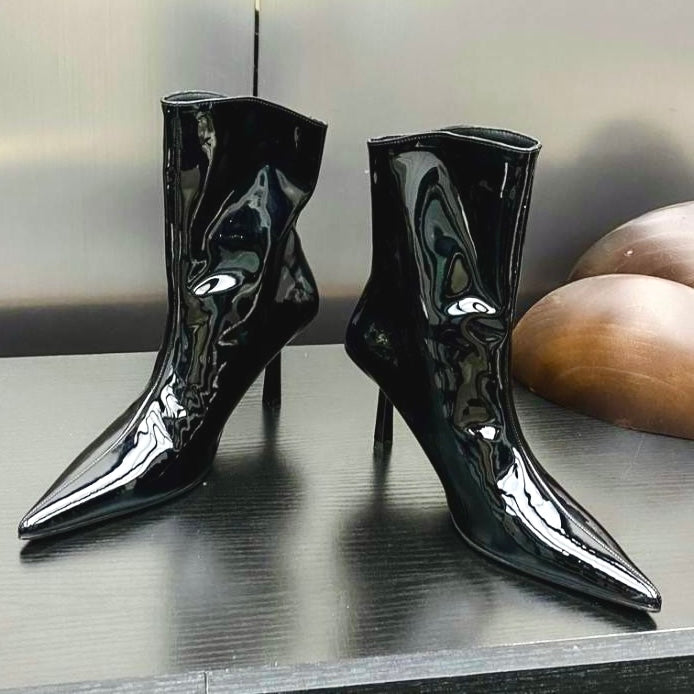 2024 AW Patent Leather Pointed Toe High Heel Mid Boots in 3 Trendy Colours