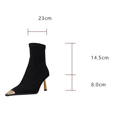 2024 AW High Heel Metal Square Toe Highly Stretchy Ankle Boots