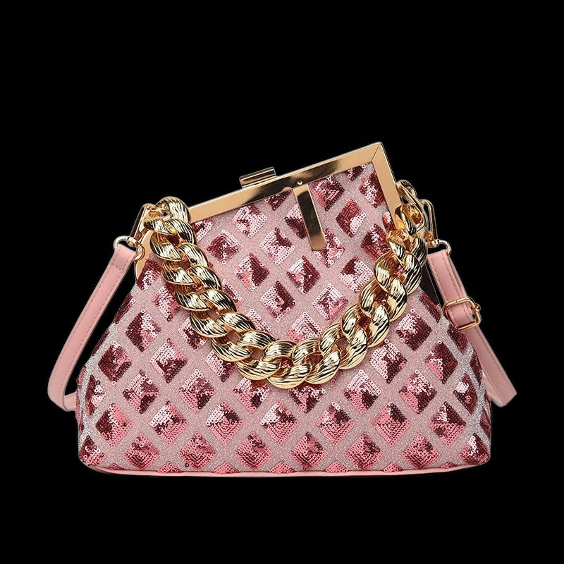 2025 Sequin Metallic Textured Metal Chain Convertible Shoulder Strap Handbag in 5 Trendy Colours