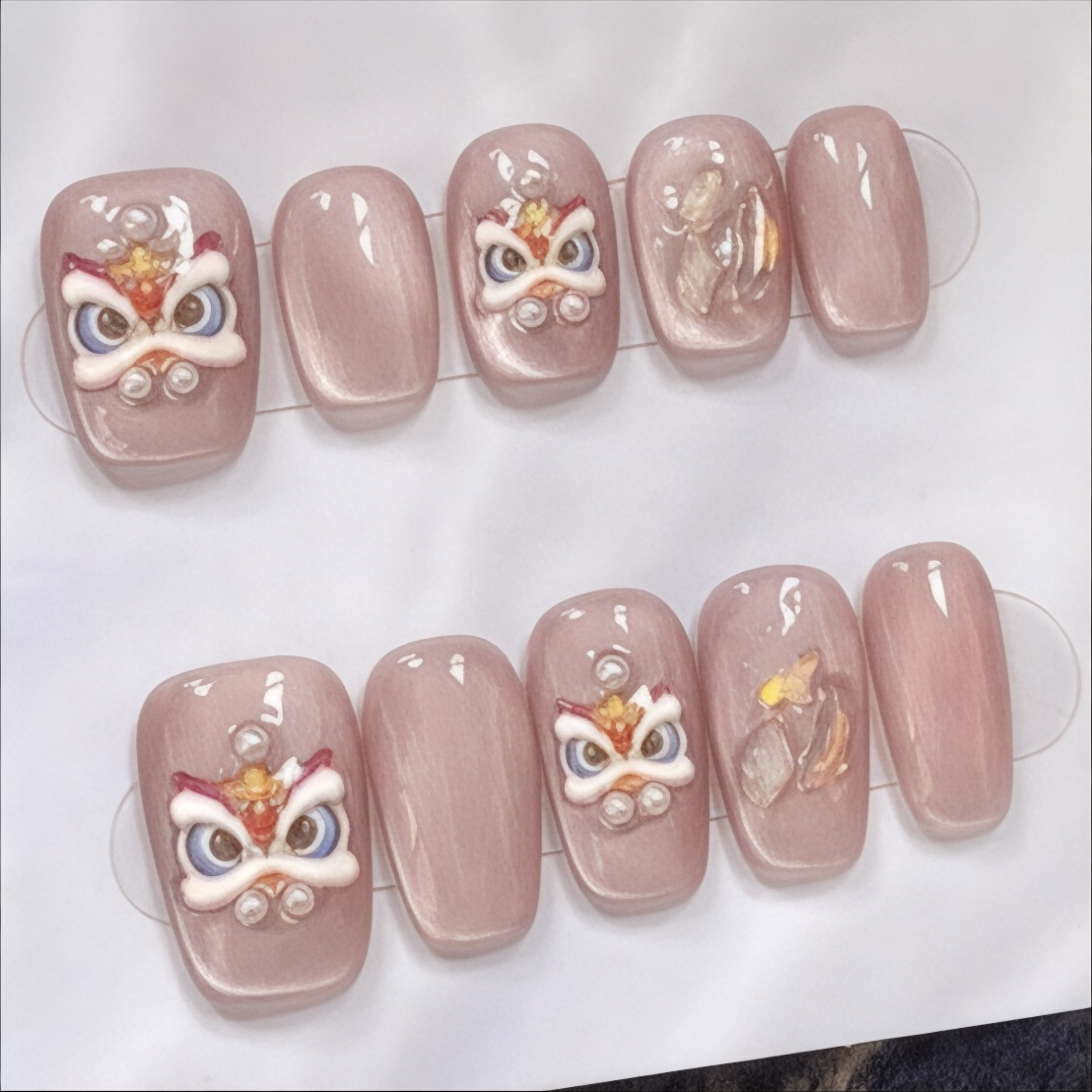 2025 Lunar New Year 3D Lion Pink & Champagne Colour Glue-On Fake Nail Set ($100 for 5 Sets)