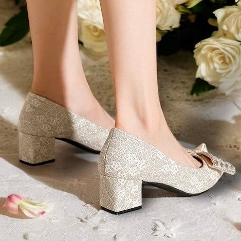 2025SS Metallic Brocade Pointed Toe Block Heels (5 cm) with Gems Decorative Bow in Black and Cream