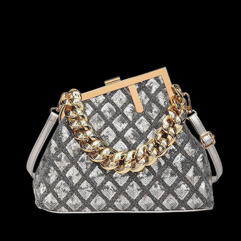 2025 Sequin Metallic Textured Metal Chain Convertible Shoulder Strap Handbag in 5 Trendy Colours