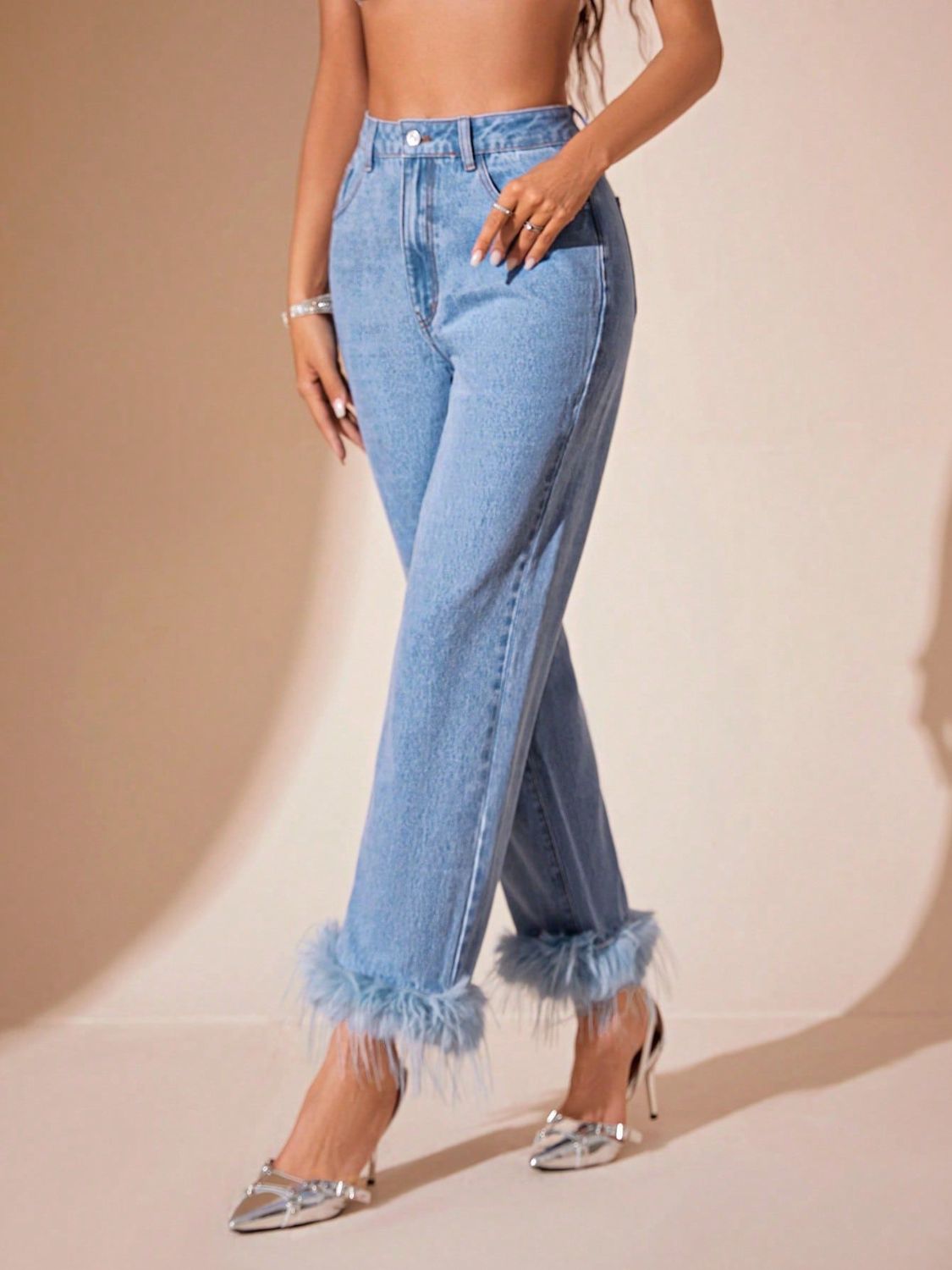 Plush Hem High Rise Straight Light Denim Jeans