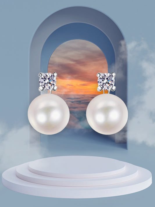 Moissanite Fresh Water Pearl Stud Earrings in Sliver