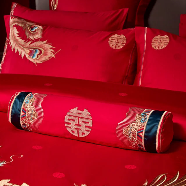 Embroidered DOUBLE HAPPINESS in Gold Decorative Bolster Throw Pillow with Detachable Zipper Cases in 12 Luxurious Designs