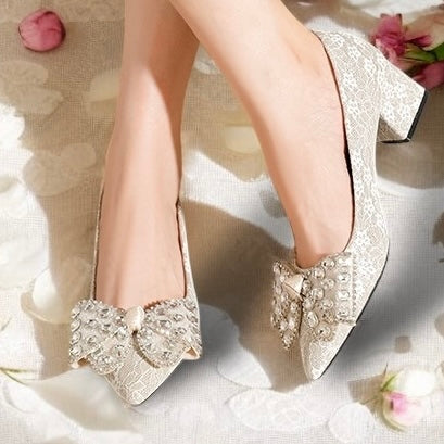 2025SS Metallic Brocade Pointed Toe Block Heels (5 cm) with Gems Decorative Bow in Black and Cream