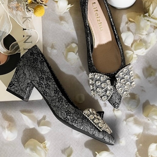 2025SS Metallic Brocade Pointed Toe Block Heels (5 cm) with Gems Decorative Bow in Black and Cream