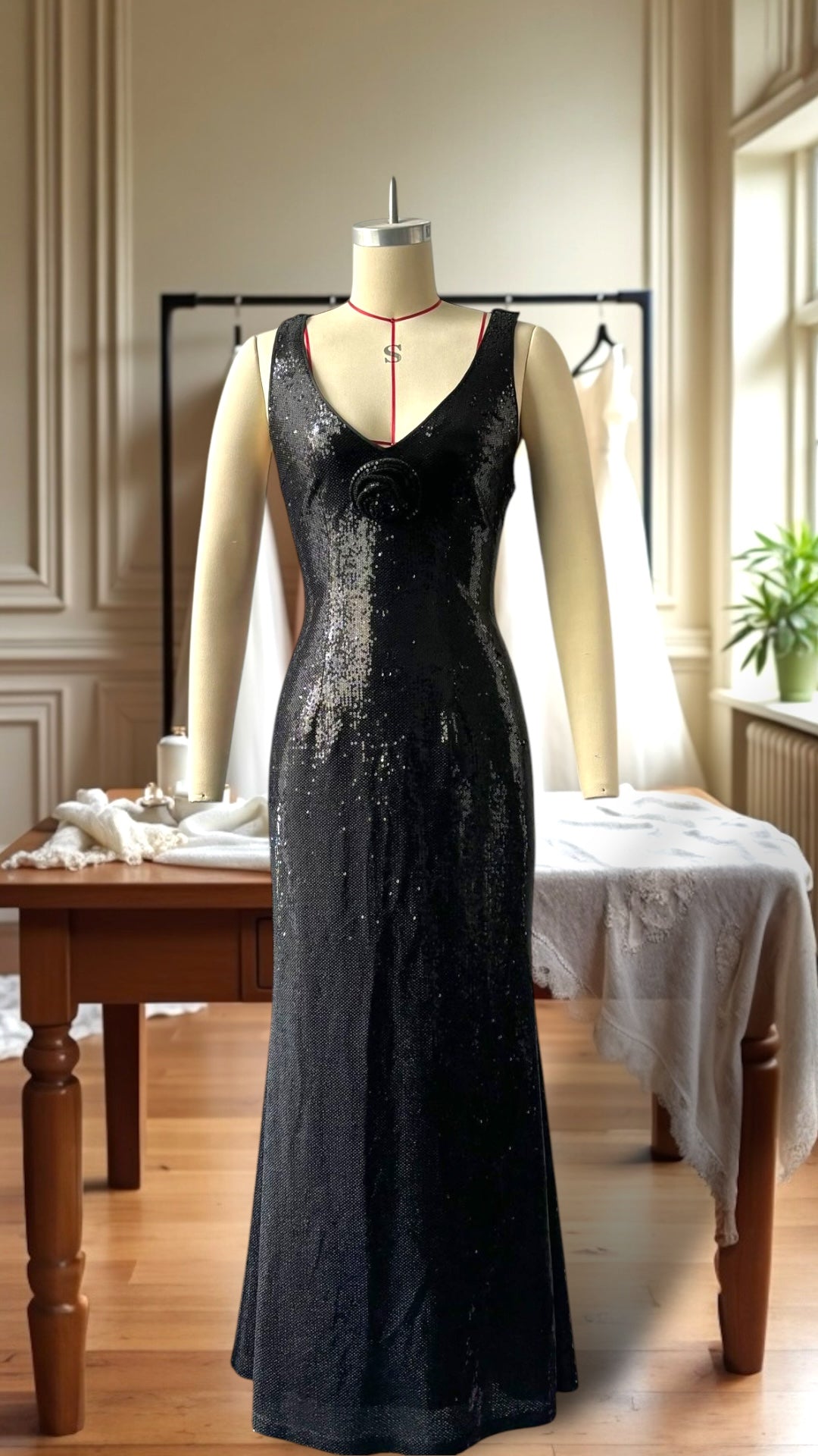 2024AW Sequin V-Neck Cross-Back Maxi Dress w/ Removable Ornament in 3 Trendy Colours