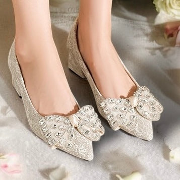 2025SS Metallic Brocade Pointed Toe Block Heels (5 cm) with Gems Decorative Bow in Black and Cream