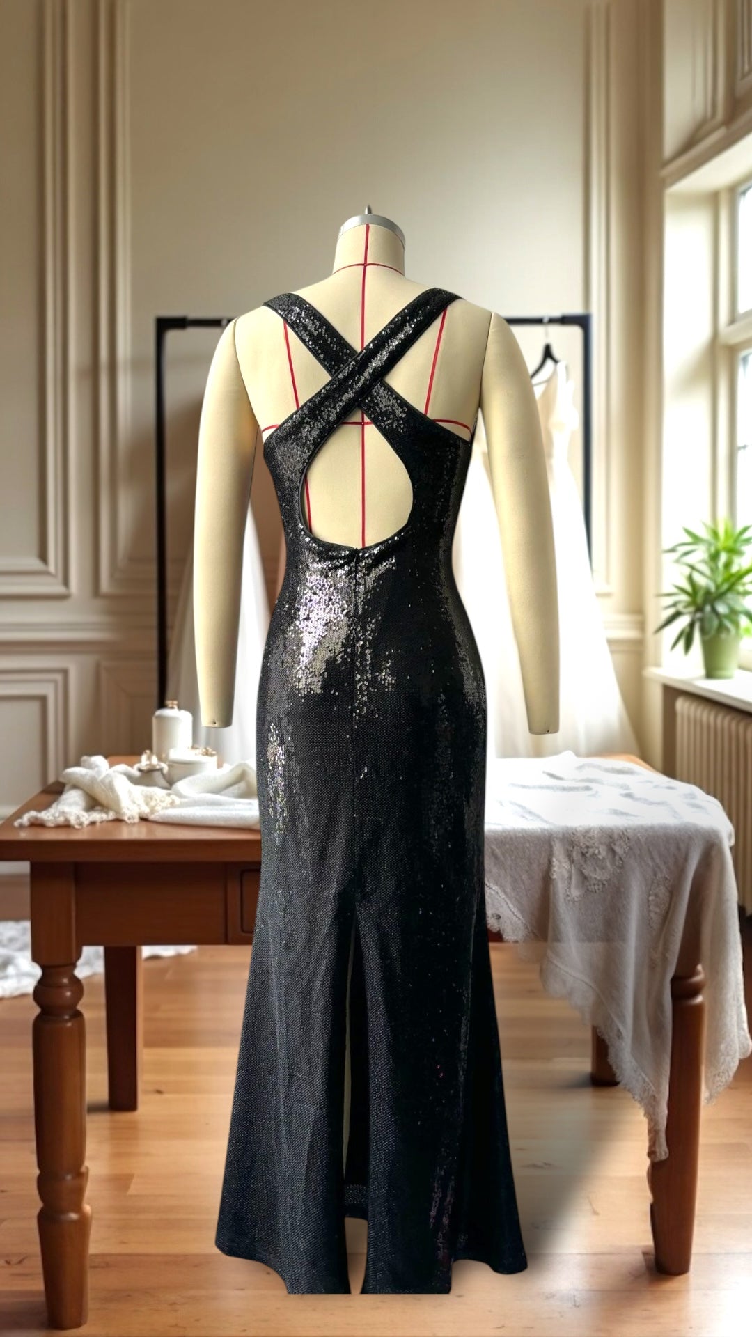 2024AW Sequin V-Neck Cross-Back Maxi Dress w/ Removable Ornament in 3 Trendy Colours