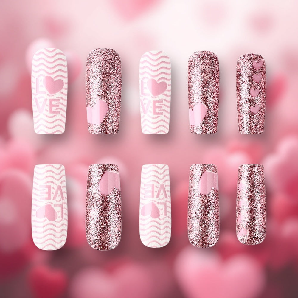 2025 Valentine’s LOVE Pink and Glitter Glue-On Fake Nail Set ($100 for 5 Sets)