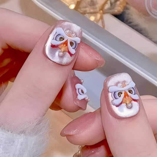 2025 Lunar New Year 3D Lion Pink & Champagne Colour Glue-On Fake Nail Set ($100 for 5 Sets)