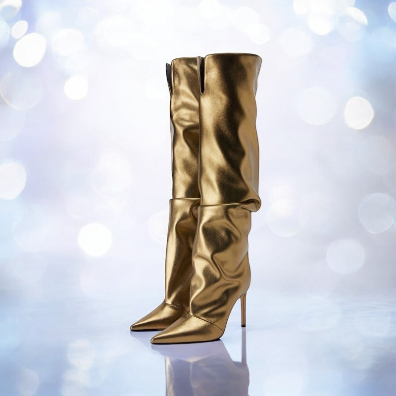 2024AW Metallic Pointed Stiletto High Heel Knee Boots (9cm Heels) in 3 Colours  (Customization)