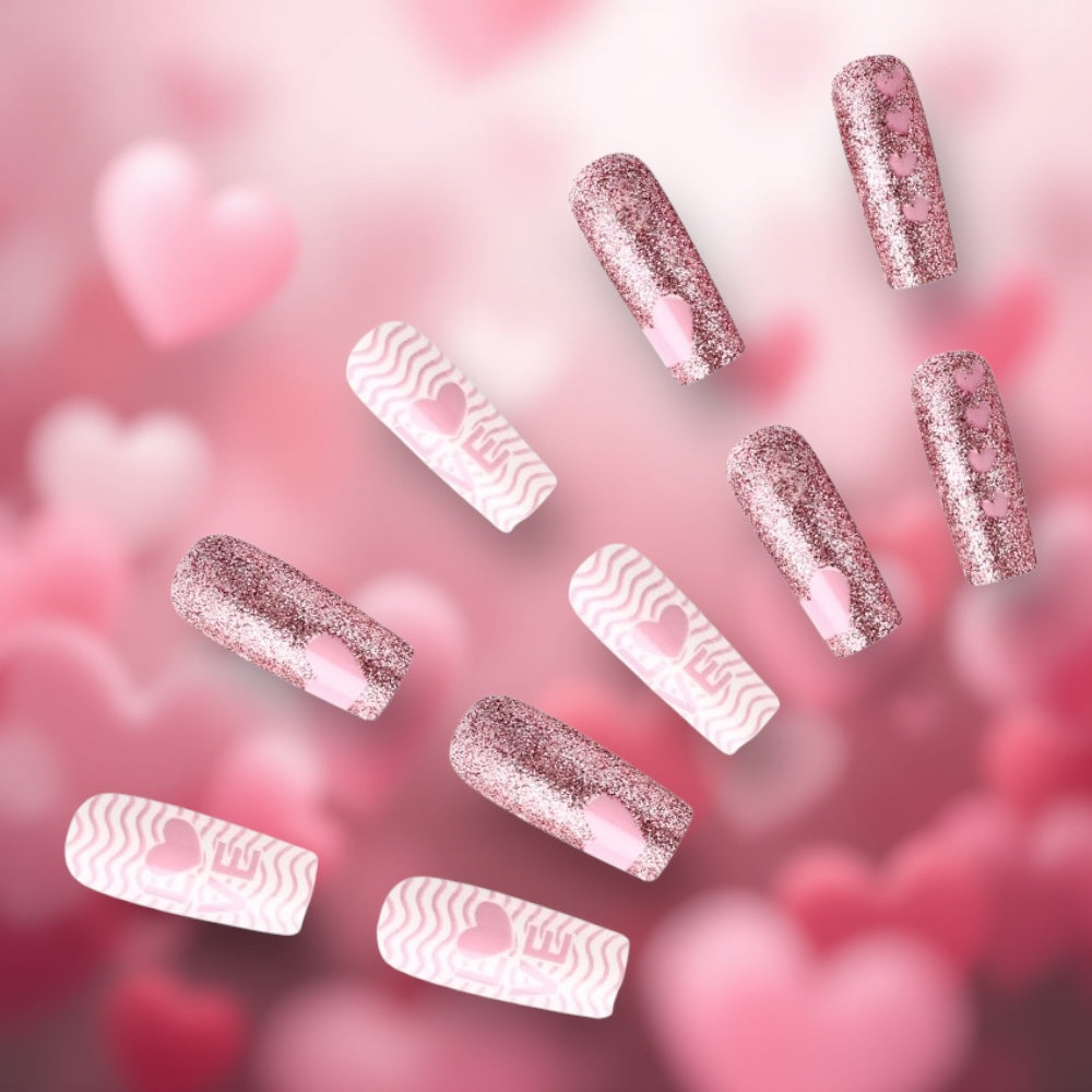 2025 Valentine’s LOVE Pink and Glitter Glue-On Fake Nail Set ($100 for 5 Sets)